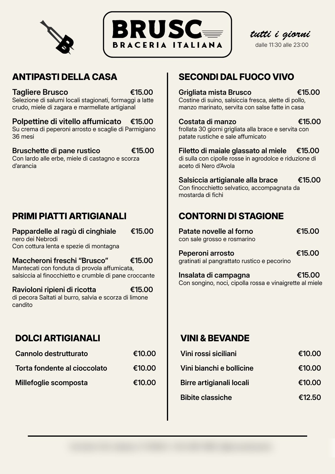 Menu Brusco Braceria Italiana